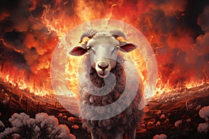 Monstrous Nightmare sheep with fire flames. Generate ai
