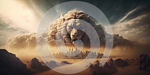 Monstrous sandstorm in the shape of a giant angry lion approaching a city in the desert. Fictional sci-fi representation of nature