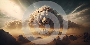 Monstrous sandstorm in the shape of a giant angry lion approaching a city in the desert. Fictional sci-fi representation of nature photo