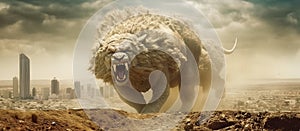 Monstrous sandstorm in the shape of a giant angry lion Generative AI