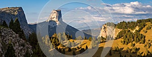 Mont Aiguille and The Vercors High Plateaus in Autumn. Vercors Regional Natural Park, Alps, France