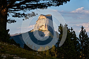 Mont Aiguille and the Vercors High Plateaus in summer. Vercors Regional Natural Park. Alps, France photo