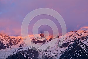 Mont Blanc du Tacul at nightfall in Europe, France, the Alps, towards Chamonix, in summer