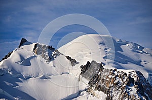Mont Blanc Highest mountain in the Alps. Mountaineering snow and ice. Breathtaking mountain panorama. Aiguille du midi