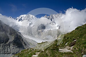 Mont Blanc peak and Mer-de-Glace glacier, French Alps