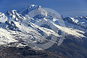 Mont Blanc, Plagne Centre, Winter landscape in the ski resort of La Plagne, France