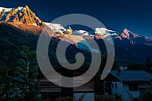 Mont Blanc summit view over Chamonix town village, France