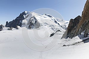Mont Blanc three mounts route par les 3 monts over Mont-blanc du Tacul, Mont Maudit and the main Alps mount Mont-Blanc. View