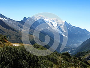 Mont Blanc and view of Chamonix the world famous town in the French Alps.