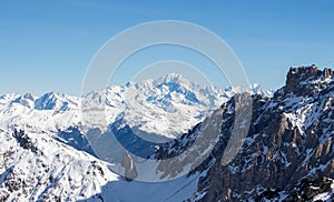 Mont blanc view snowy mountain from Mont Vallon Meribel 3 vallees