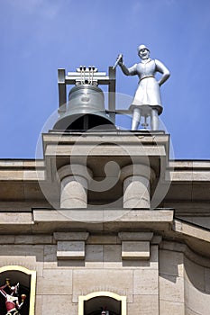 The Mont des Arts carillon with giant clock of Jules Ghobert, character on top, Brussels, Belgium