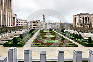 The Mont des Arts or Kunstberg with Town Hall and Equestrian monument of King Albert I is historic site in the centre of Brussels