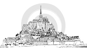 Mont-Saint-Michel Abbey, France, ink sketch illustration.