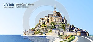 Mont Saint Michel cathedral on the island. Abbey. Normandy, Northern France, Europe. Landscape. Beautiful panoramic view. Vector i