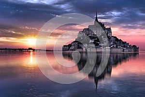 Mont Saint Michel at sunset, France