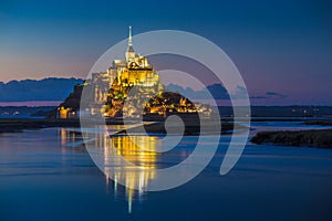 Mont Saint-Michel in twilight at dusk, Normandy, France