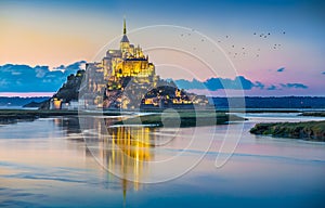 Mont Saint-Michel in twilight at dusk, Normandy, France