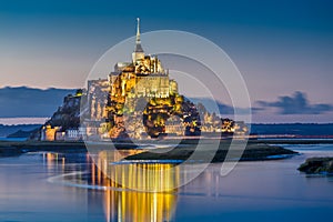 Mont Saint-Michel in twilight at dusk, Normandy, France photo