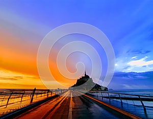 Mont Saint Michel under the rain and the sunset