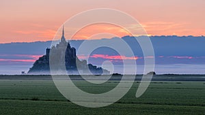 Mont Saint-Michel view in the sunrise light. Normandy, northern