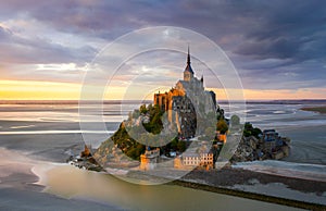 Mont Saint-Michel view in the sunset light. Normandy, France