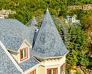 Mont Tremblant, beautiful national park and village in harmony with nature, Tiled roofs of hotels. The unique and