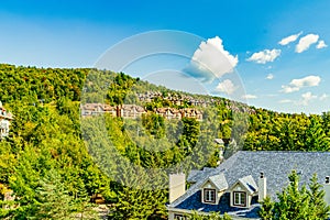 Mont Tremblant, beautiful national park and village in perfect harmony with nature. Tiled roofs of hotels. The unique