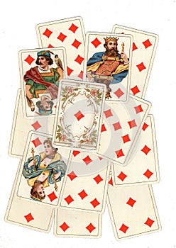 A montage of antique playing cards showing diamonds.