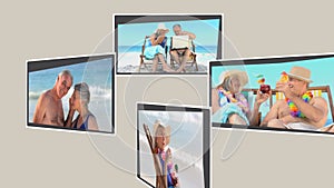 Montage of mature couples relaxing on the beach