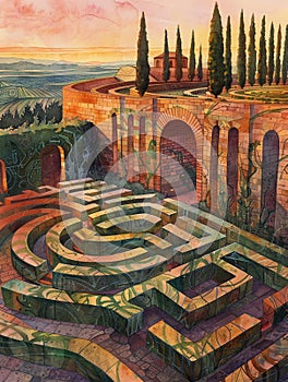 Montage of old and new labyrinths under the sunrise, contrasting architectures, soft morning light, panoramic view, tranquil mood