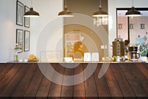 Montage of old wood shelf on blurry coffee shop.