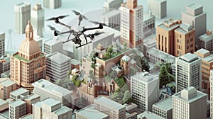 A montage of various city landmarks and neighborhoods each with a drone delivering a package to showcase the widespread photo