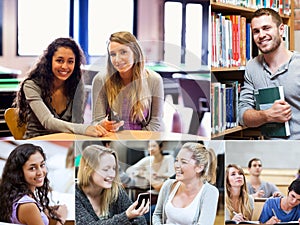 Montage of various pictures showing students in a library