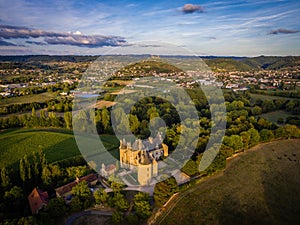 Montal castle drone shot with Saint Cere in the background photo