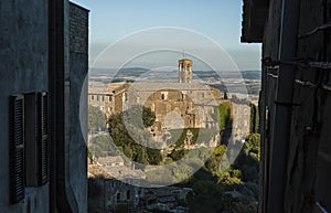 MONTALCINO, TUSCANY/ITALY: OCTOBER 31, 2016: Beautiful Narrow Streets of Montalcino City with Fortress View