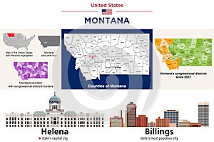 Montana counties map and congressional districts since 2023 map. Helena and Billings skylines