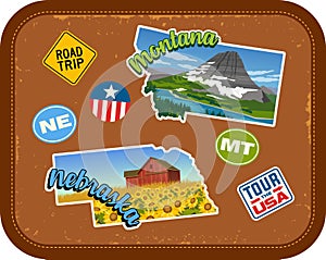 Montana, Nebraska travel stickers with scenic attractions