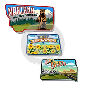 Montana, North Dakota, South Dakota, United States retro designs