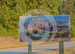 The Montana State line border sign for travelers visiting