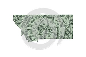 Montana State Map Outline and United States Money Concept, with Hundred Dollar Bills