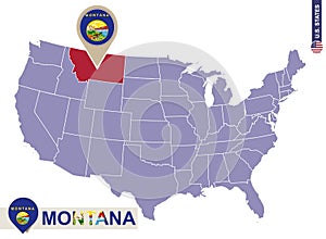Montana State on USA Map. Montana flag and map