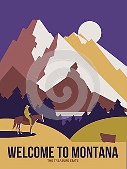 Montana state on a vector poster with the American cowboy on the horse photo