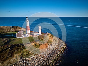 Montauk Lighthouse and beach aerial shot