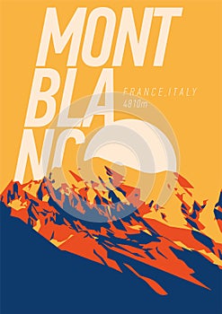 MontBlanc in Alps, France, Italy outdoor adventure poster. Higest mountain in Europe at sunset illustration. photo
