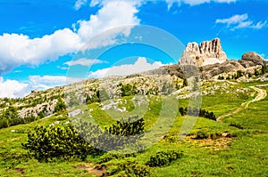 Monte Averau, green meadows in Dolomites