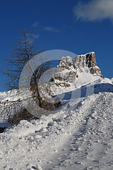 Monte Averau in winter, the highest mountain of the Nuvolau Group in the Dolomites, located in the Province of Belluno. Italy.