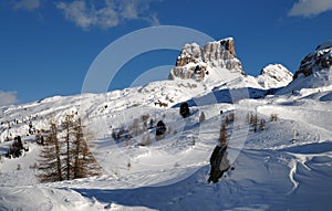 Monte Averau in winter, the highest mountain of the Nuvolau Group in the Dolomites, located in the Province of Belluno. Italy.