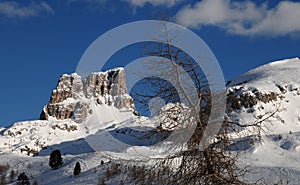 Monte Averau in winter, the highest mountain of the Nuvolau Group in the Dolomites, located in the Province of Belluno. Italy.