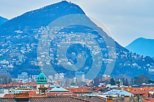 Monte Bre behind Lugano roofs, Switzerland