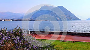 Monte Bre from Riva Paradiso embankment of Lake Lugano, Lugano, Switzerland